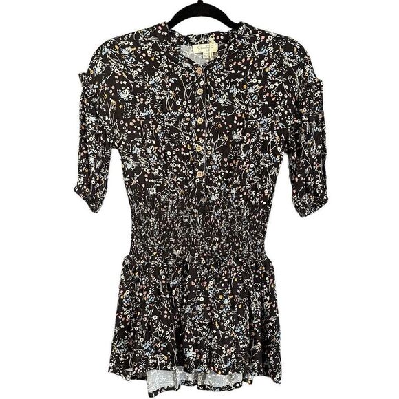NWT Jessica Simpson Smocked Floral Print Button Front Dress Black - Picture 1 of 7